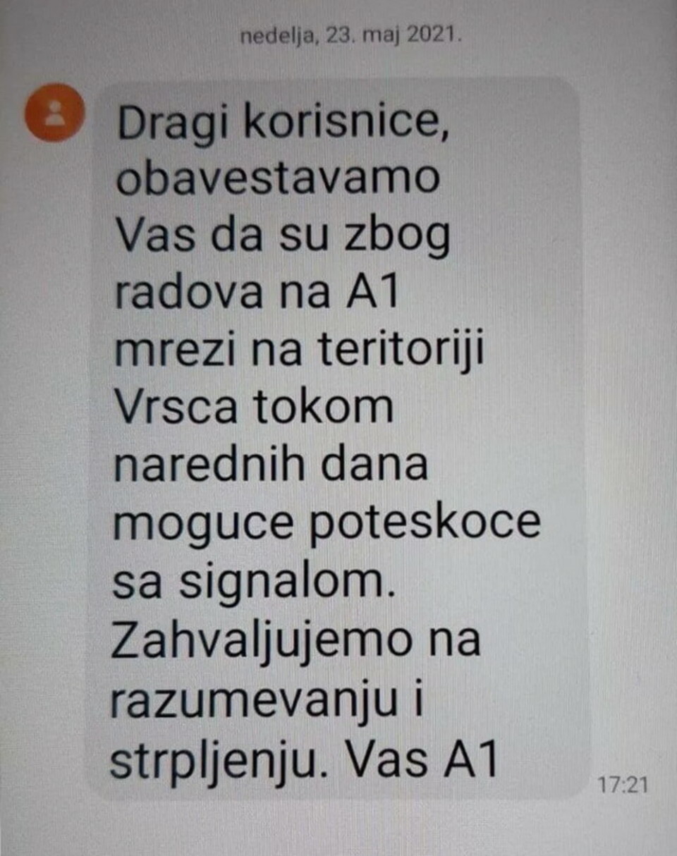 SMS poruka koju je A1 poslao korisnicima na teritoriji Vršca