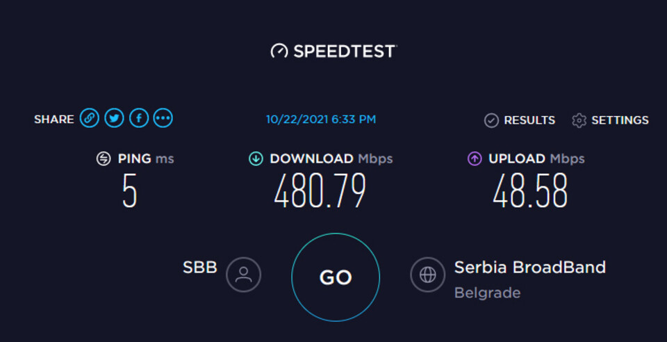 SpeedTest sa pogrešnom brzinom - SBB optički Internet u Sremskoj Mitrovici