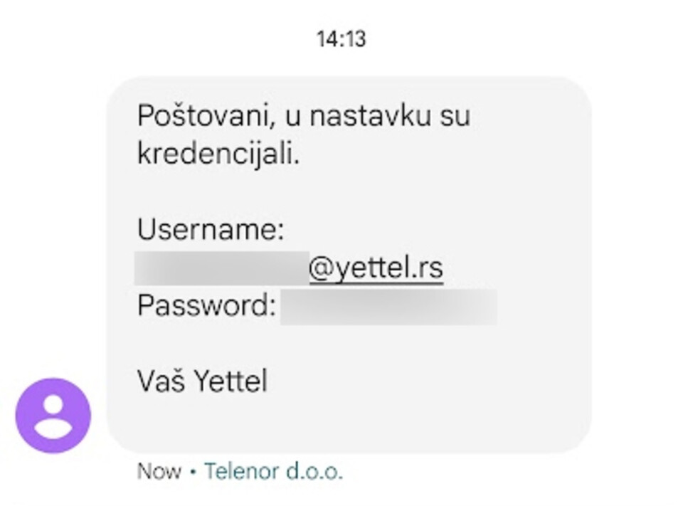 SMS poruka od Yettel-a sa PPPoE kredencijalima